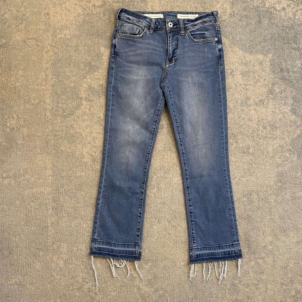 Pilcro And The Letterpress Jeans Womens 26 Blue High Rise Flare Raw Hem Stretch